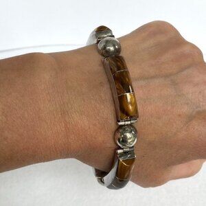 VTG Sterling Silver 925 Heavy Signed Southwest Tigers Eye Inlay Panel Bracelet